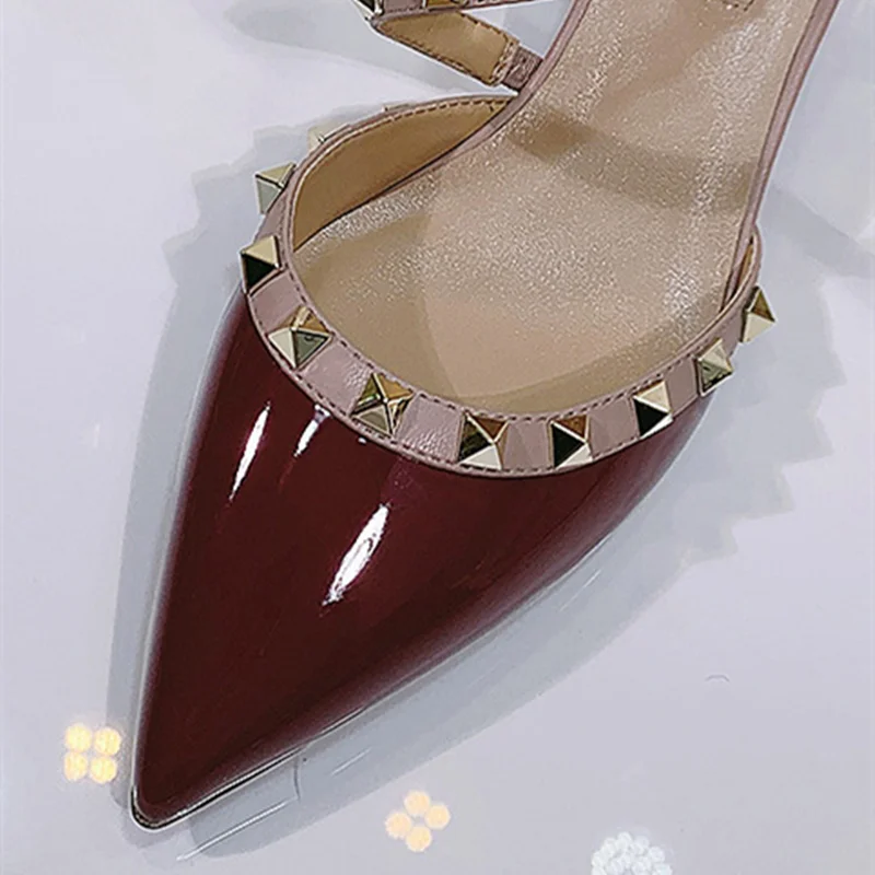 Women Leather Med Block Heels Shoes With Studded Gold Patchwork Amercan And British Styles Fashionable Pumps Pointy Toe Stiletto