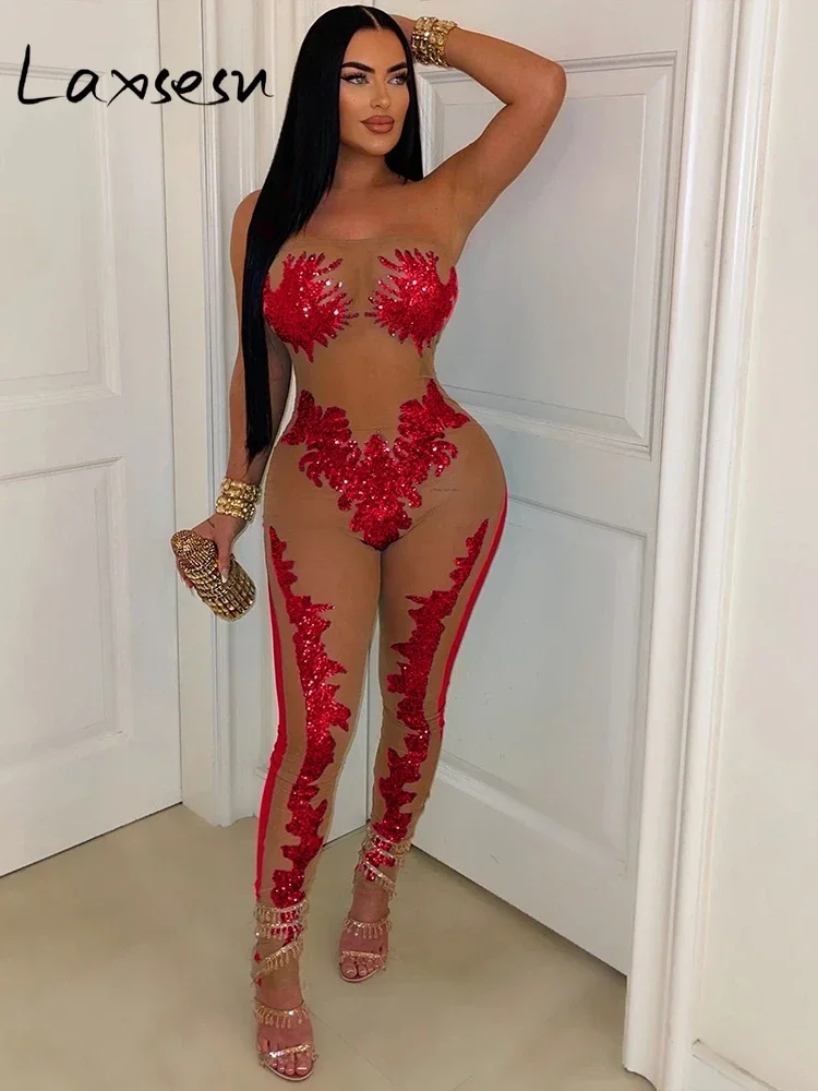 Элегантный Облегающий комбинезон Laxsesu с блестками сетчатые прозрачные Лоскутные