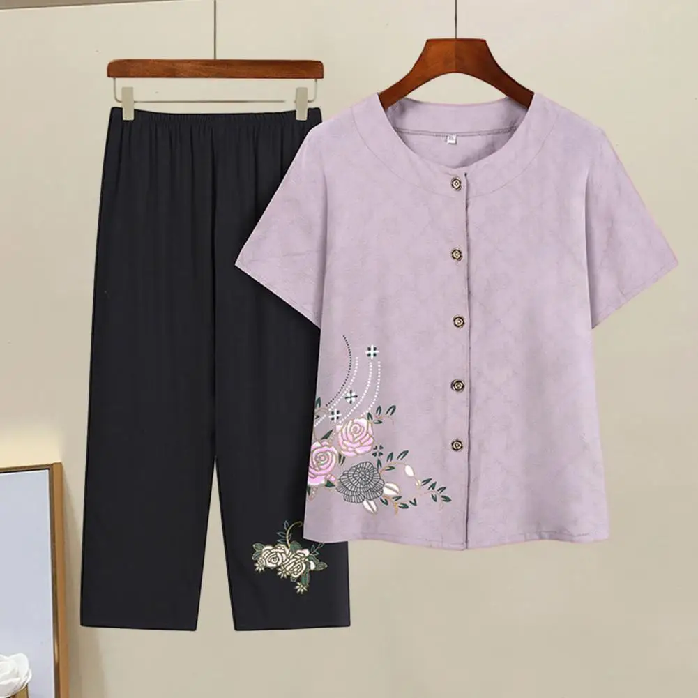 

2Pcs/Set Flower Mid-aged Women Casual Outfit Summer O-neck Short Sleeve Top Pants Set Single-breasted Tops Wide Leg Trousers Set