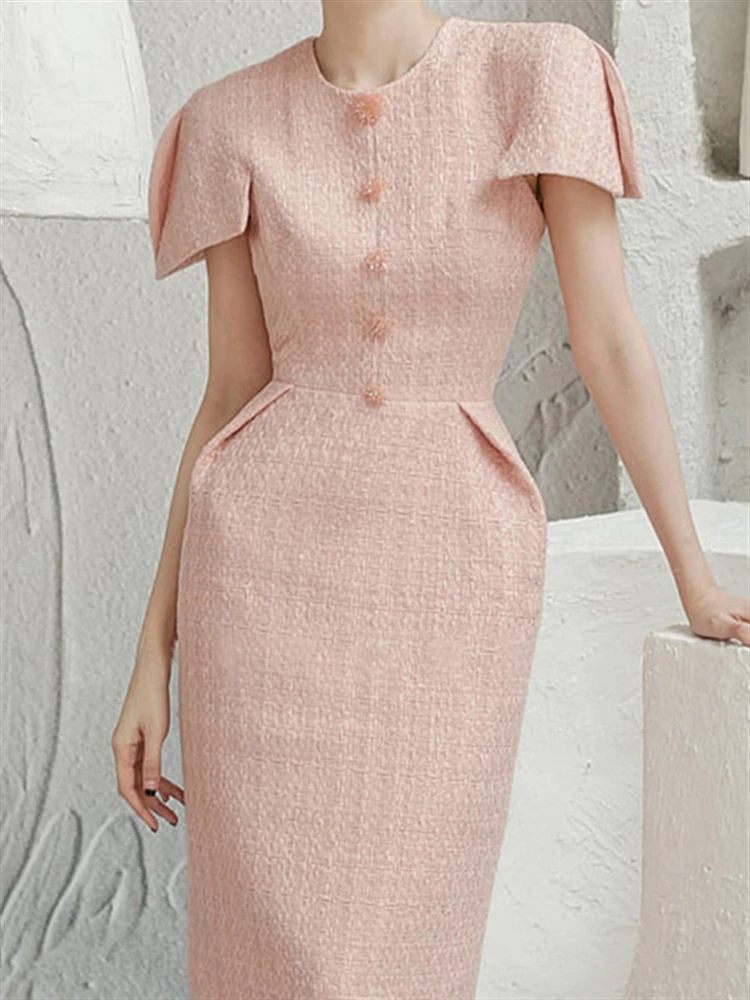 

Sexy 2023 Woman Boho Mesh Lace Elegant Short Sleeve Vintage Embroidery Dress Summer Dresses Women Party Solid Pink Vestido Femme