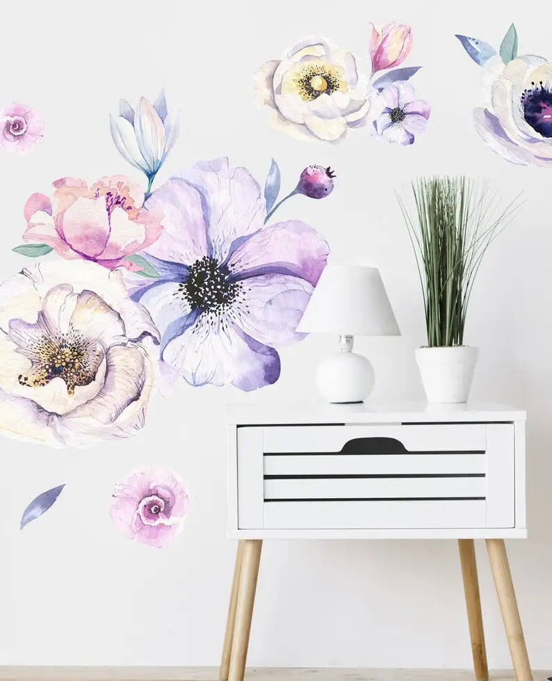 

Purple Floral wall decals, Peony Flower Wall Decals Nursery, Watercolor Flower Wall Stickers Peel and Stick, Peony wall decals B