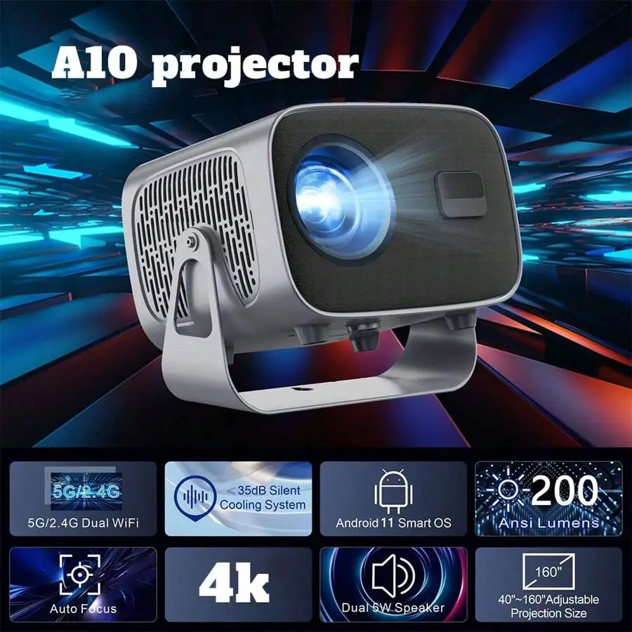 Портативный видеопроектор 4K Android 11 Dual Wifi6 260ANSI BT5.0 1080P ...