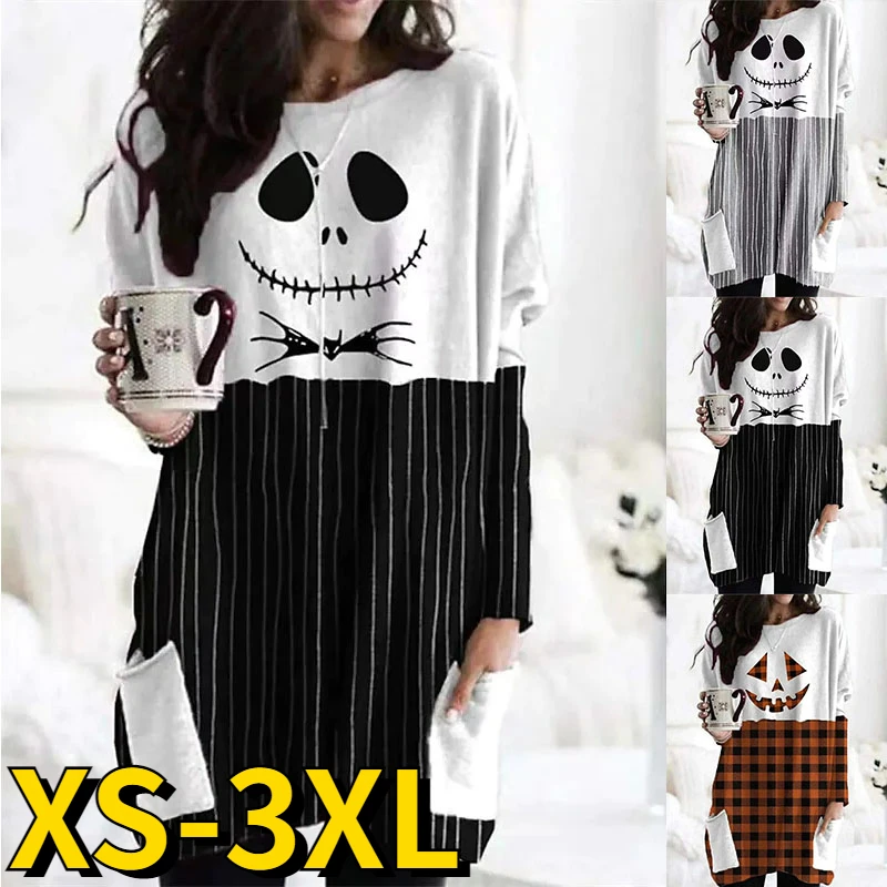 

Autumn Winter Women Round Neck Halloween Long Sleeve Fashion Dress Daily New Design Printing Short Skirts Pullover Miniskirt