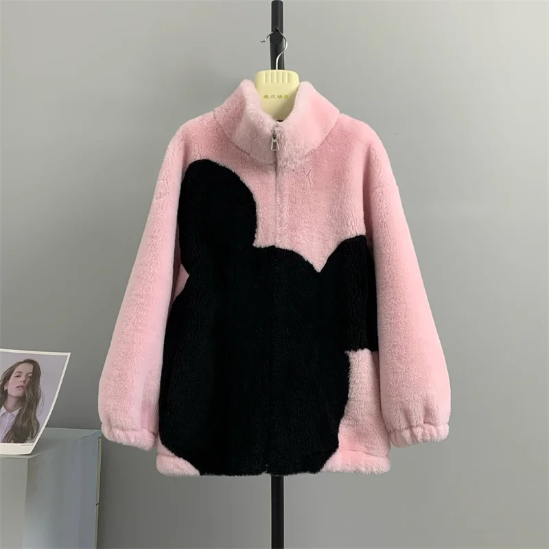 

genuine wool 100% Color blocked Mickey Young Sheep Shearing Women's Short Relaxed Lamb Fur Grass Coat Australian Wool