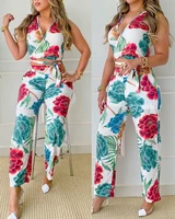 2022 new style womens 2 piece fashion wrap v neck crop top full floral print long straight pants sexy pants set