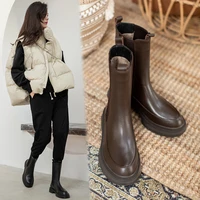 newcurve short boots women fashion retro genuine cow leather round toe elastic band modern boot women shoes female work boots