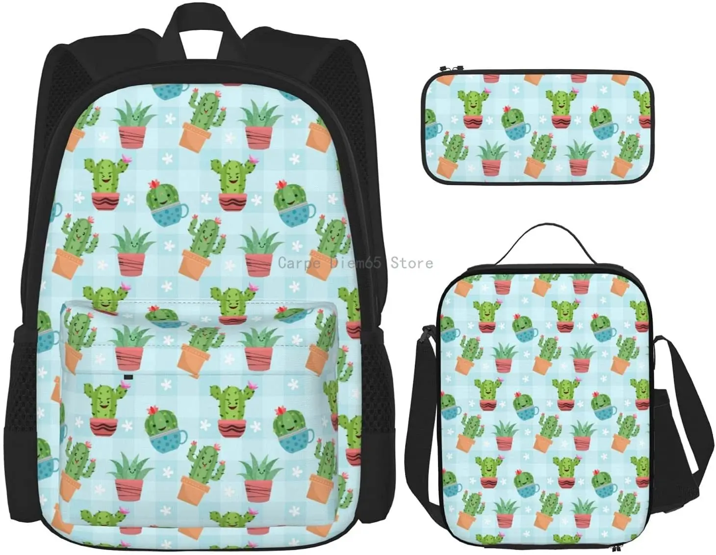Милый фоточехол с изображением кактуса в горшках для детской еды (школьная сумка + чехол-карандаш + комбинация сумок для обеда)