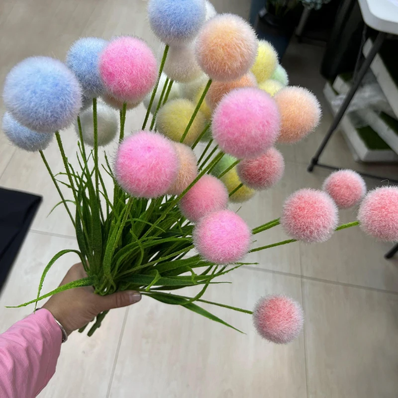 

5 Branches Simulation Flocking Hair Ball Flower Artificial Flower Home Decoration Flower Arrangement Wedding Decor