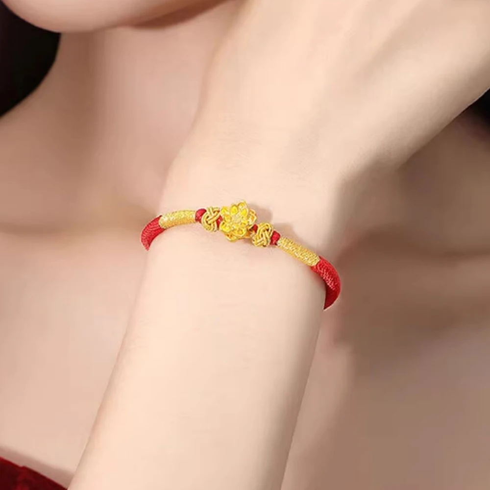 Женский браслет из желтого золота 999 пробы 24 карата с красной оплеткой 3D красивая