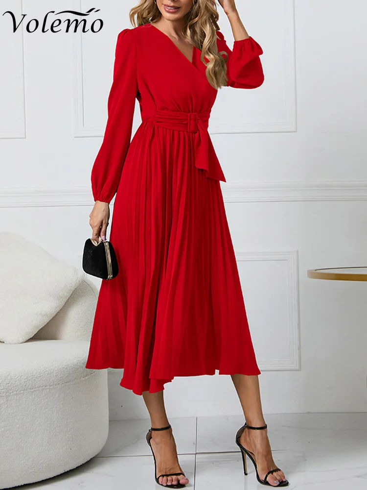 

Женское плиссированное платье-макси Volemo, элегантное Плиссированное Платье с V-образным вырезом и длинным рукавом, однотонное женское плиссированное платье в стиле ретро с отложным воротником и широкой юбкой, весна-лето 2023