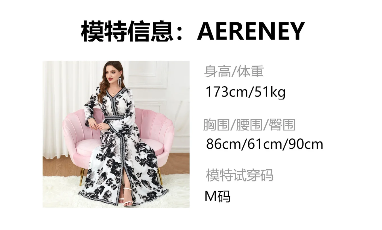 Abaya Dubai Muslim Party Dresses V Neck Elegant Floral Print Belted Dress A Line Long Sleeve Casual Robe Moroccan Caftan Autumn