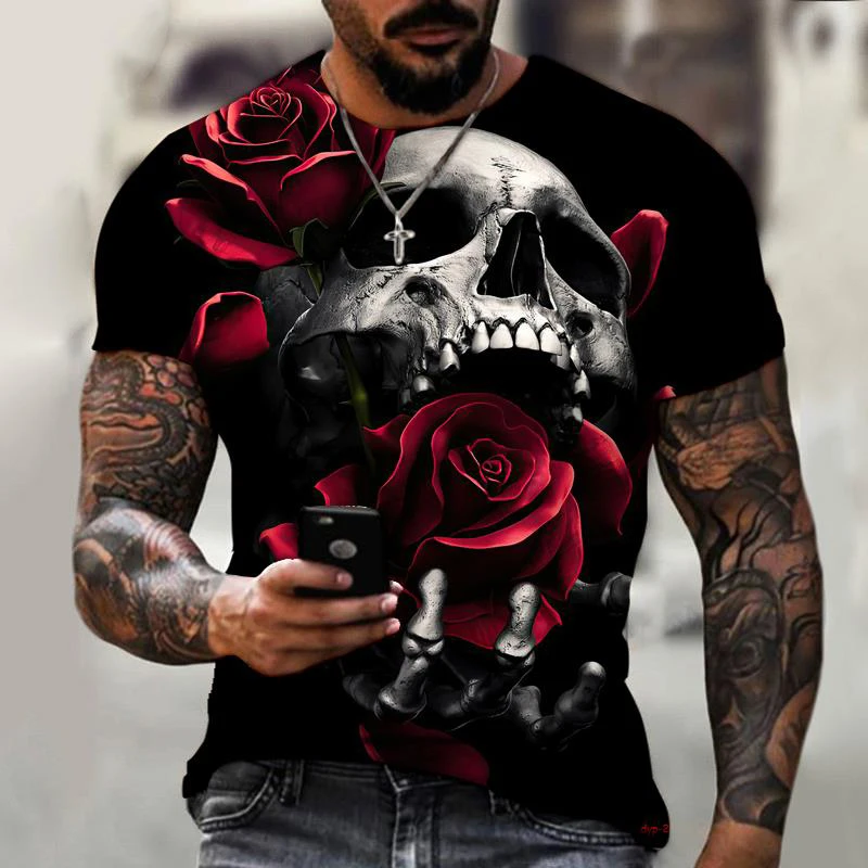 

New T-shirt Skeleton Rose Romantic 3D Printing Short Sleeve Fashion Retro Extra Large Summer Top Men's and Women's T-shirts