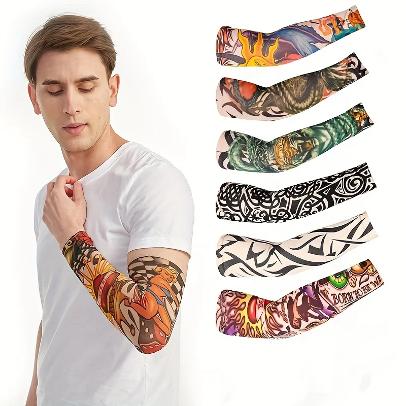 

Men's Arm Sleeve Fake Tattoo Print Ice Silk Sun Protection Sleeves Single Pack Cool Outdoor Sports Gloves Nylon Mittens