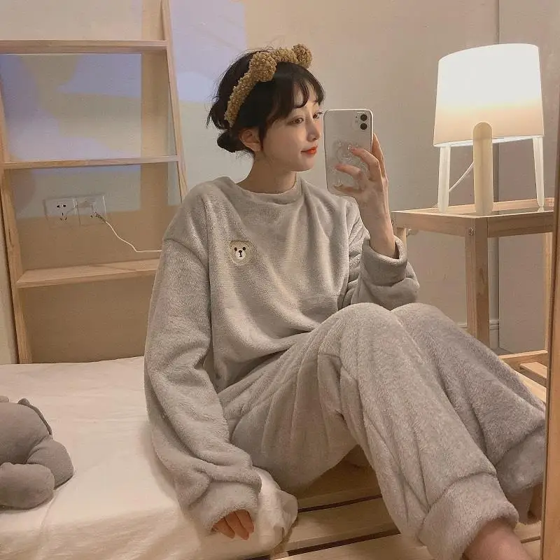 QWEEK Winter Women's Pajamas Gray Yellow Bear Embroidery Flannel Pijamas Round Neck Long Sleeved Trousers Pyjamas Sleepwear Cute