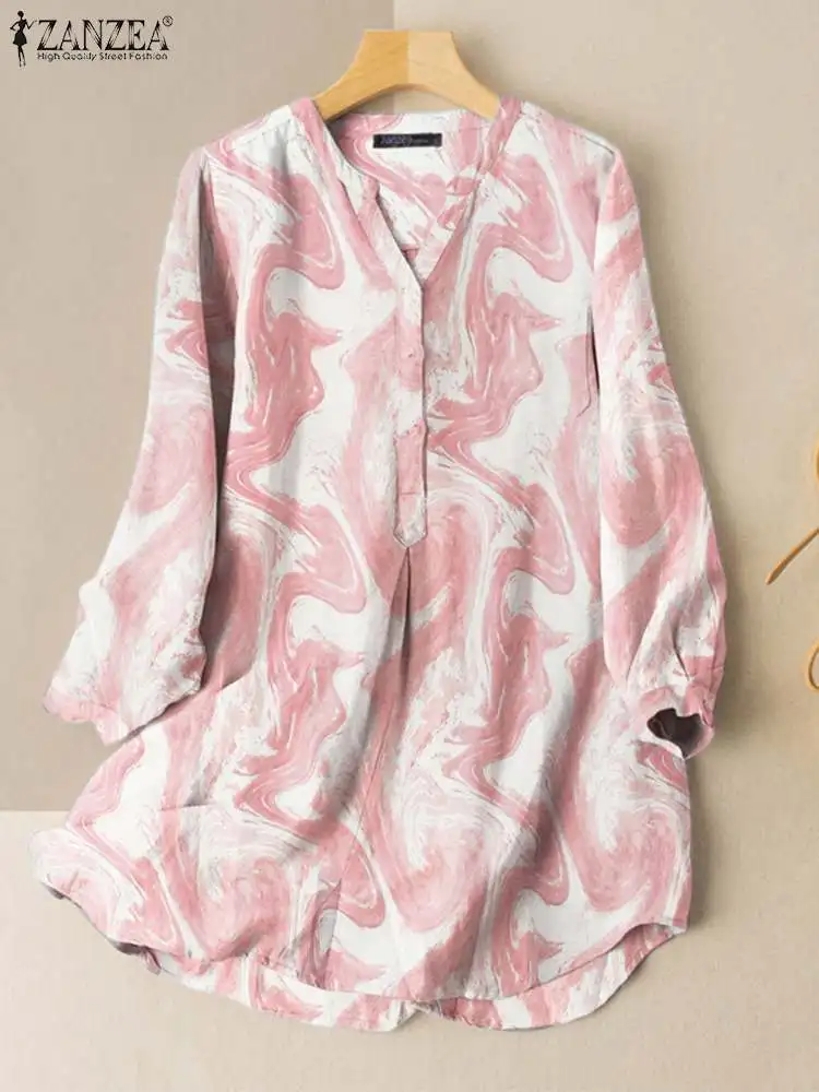 

Топы ZANZEA с длинным рукавом, футболки оверсайз, Женская Праздничная рубашка с принтом, 2022, офисный Женский пуловер с V-образным вырезом, повсе...