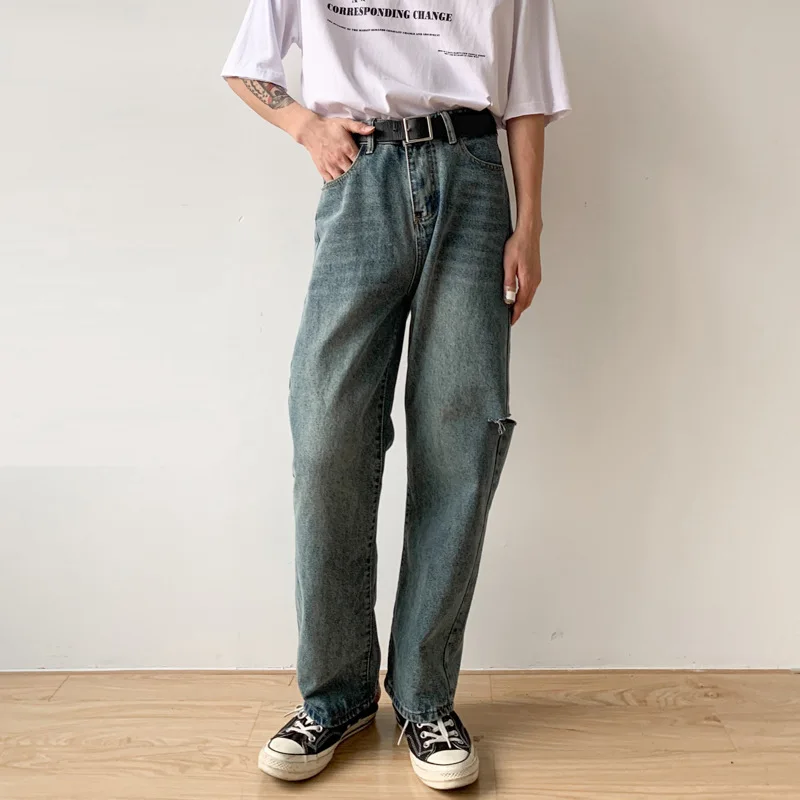 Men's Solid Color Simple Straight Loose Jeans Ripped Hole Design Casual Trousers Y2k Pants Men's Street Men's Clothing Men Jeans