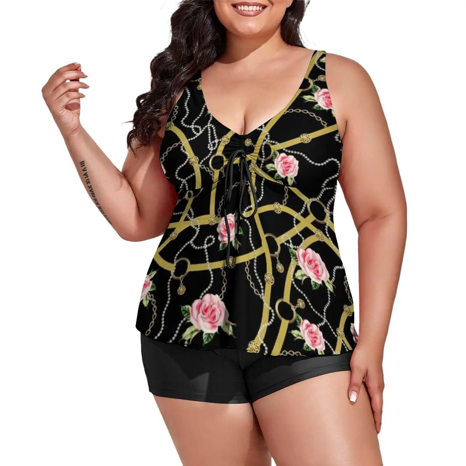 

Golden Chains Tankini Swimsuit Pink Roses Print Pool Swimwear 2 Pieces Aesthetic Bathing Suits Design Beach Outfits Plus Size