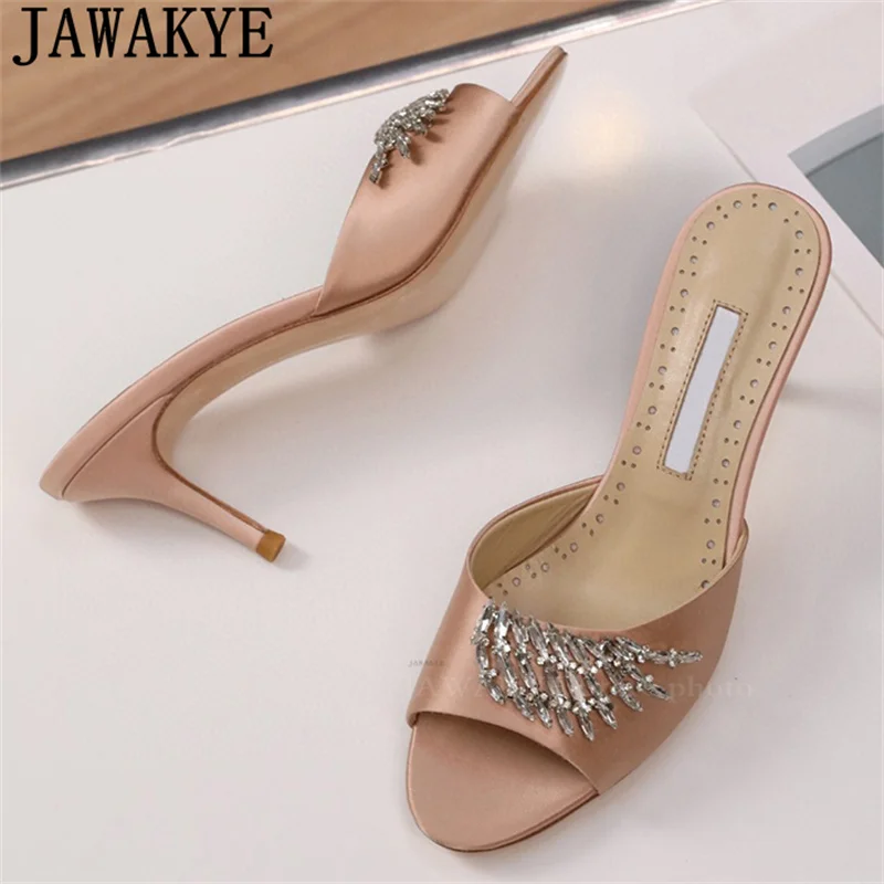 Шлепанцы женские атласные на тонком высоком каблуке роскошные дизайнерские мюли