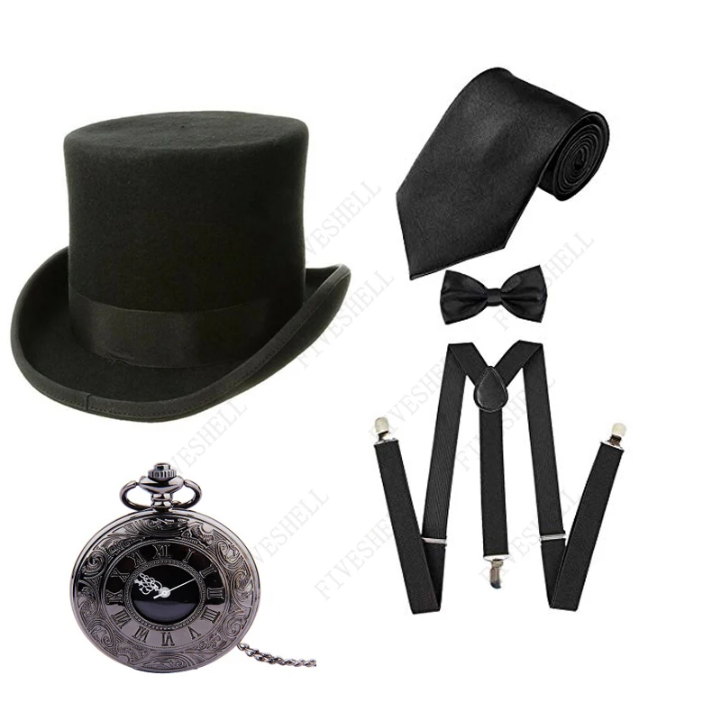 

Halloween Party 1920s Mens Great Gatsby Gangster Costume Accessories Black Pocket Watch Set Newsboy Panama Hats Suspenders