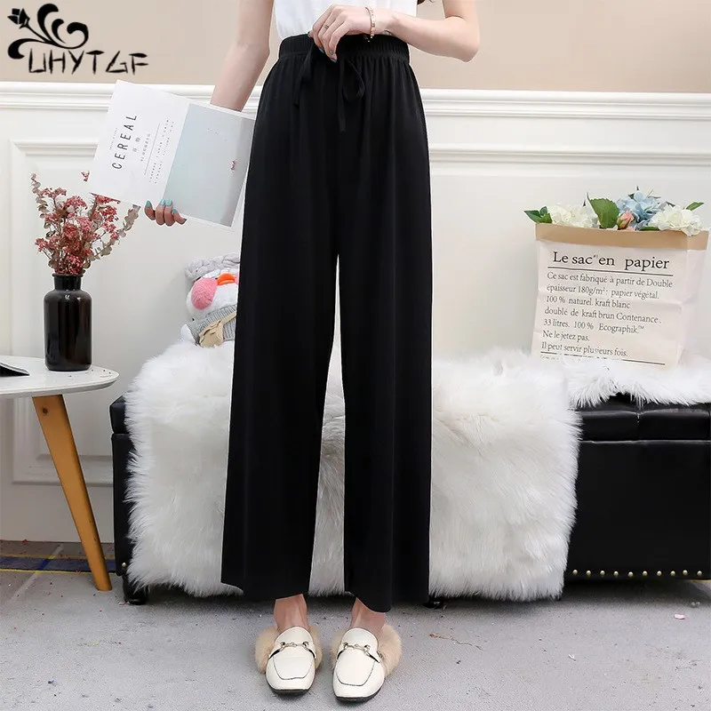 

Брюки UHYTGF женские укороченные, однотонные Прямые повседневные тонкие свободные штаны с эластичным поясом, на шнуровке, с широкими штанинами, на лето