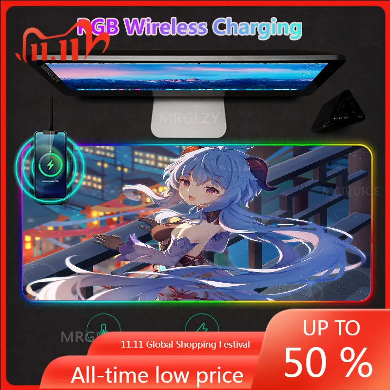 

Светодиодный коврик для мыши Genshin Impact RGB, коврик для зарядки с подсветкой, игровые аксессуары Ganyu с беспроводной зарядкой, коврик для мыши с и...