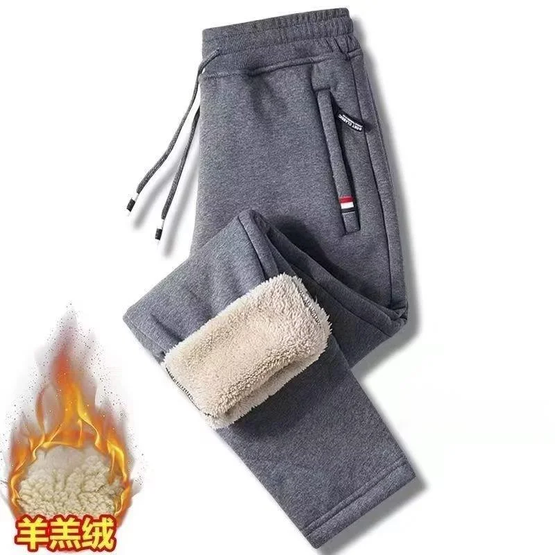

Зимние плюшевые и утепленные повседневные спортивные брюки для мужчин из овечьей шерсти, кашемировые теплые и свободные облегающие длинные брюки с очень толстыми искусственными брюками