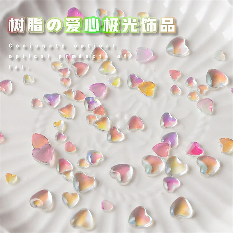

50pcs New Aurora Heart Nail Art Rhinsetone 4MM/6MM/8MM Flat Bottom Resin Aurora Love Nail Charms DIY Valentine's Day Decorations