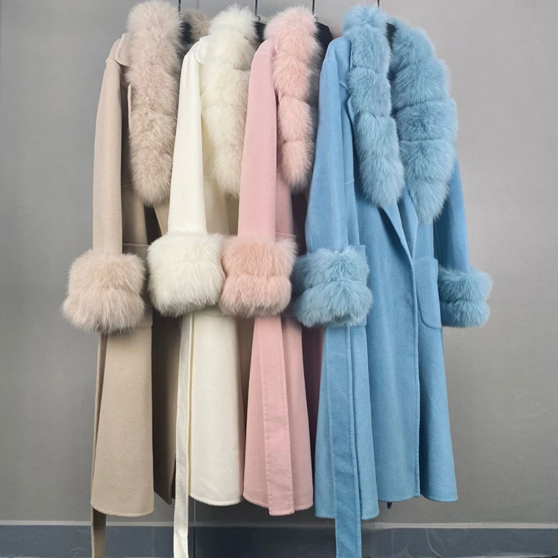 

New Arrival Autumn Winter 2021 Eleagnt Slim Wool Cashmere Blend Long Coat With Belt Gorgeous Genuine Fox Fur Wool Outerwear