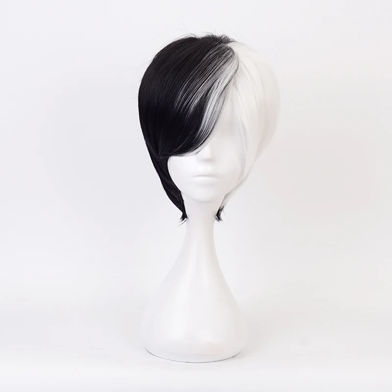 

New Cruella Deville White Black Mixed Short Synthetic Hair Cosplay Wig For Women Party Halloween + Wig Cap