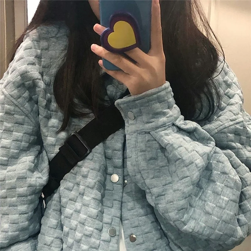 Japanese Loose Waffle Jacket Women Stand-up Collar Warm Cotton Jacket Shirt Jacket 2023 Chic Retro Ladies Casual Cotton Jacket