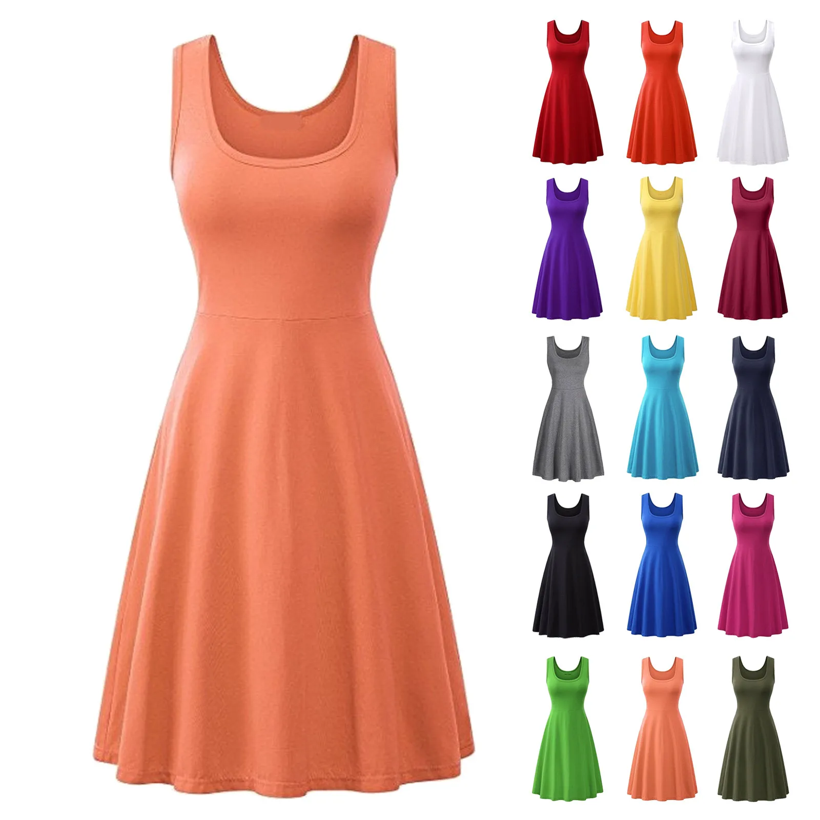 

Мини-платье женское с V-образным вырезом, однотонное базовое свободное повседневное пляжное платье-трапеция без рукавов, сарафан с пышной ю...