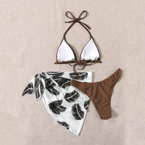 Mesh 3 Pieces Bikini Set Leaves Print Swimwear Female Traingle Swimsuit Women String Swimming Suit Bathing Suit 2023 Bikinis