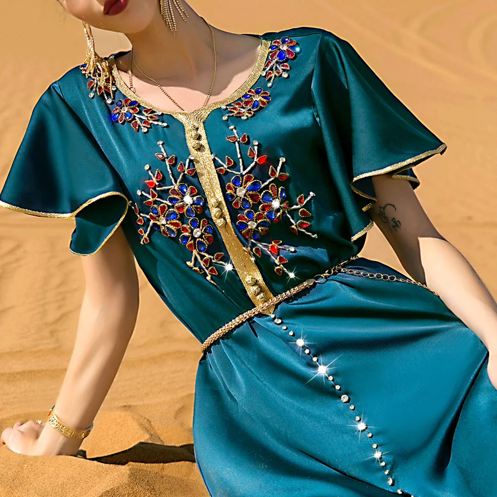 2023 Muslim Women's Hand-Sewn Short Sleeve Dress Dubai Travel Party Long Skirt Abaya Robes Ramadan Dress Long Dresses Abayat