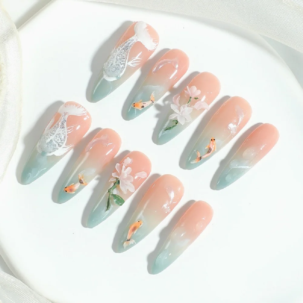 Набор летних накладных ногтей с лотосом 10 шт. накладные ногти длинным миндальным