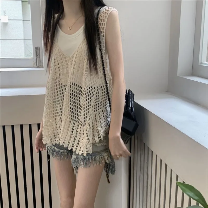

Korean Hollow Out Vests for Women Fashion V-neck Loose Lazy Style Versatile Sleeveless Knitting Vest 2023 Summer New