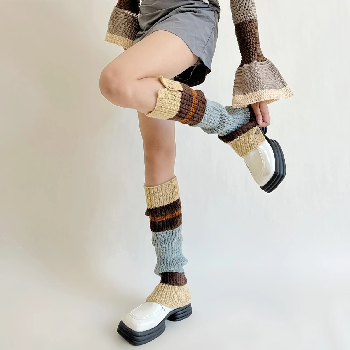 Contrast Color  Leg Warmers Retro Winter Button Opening American Y2K Harajuku Hot Girl Japanese Pile Knitted Wool Long Socks