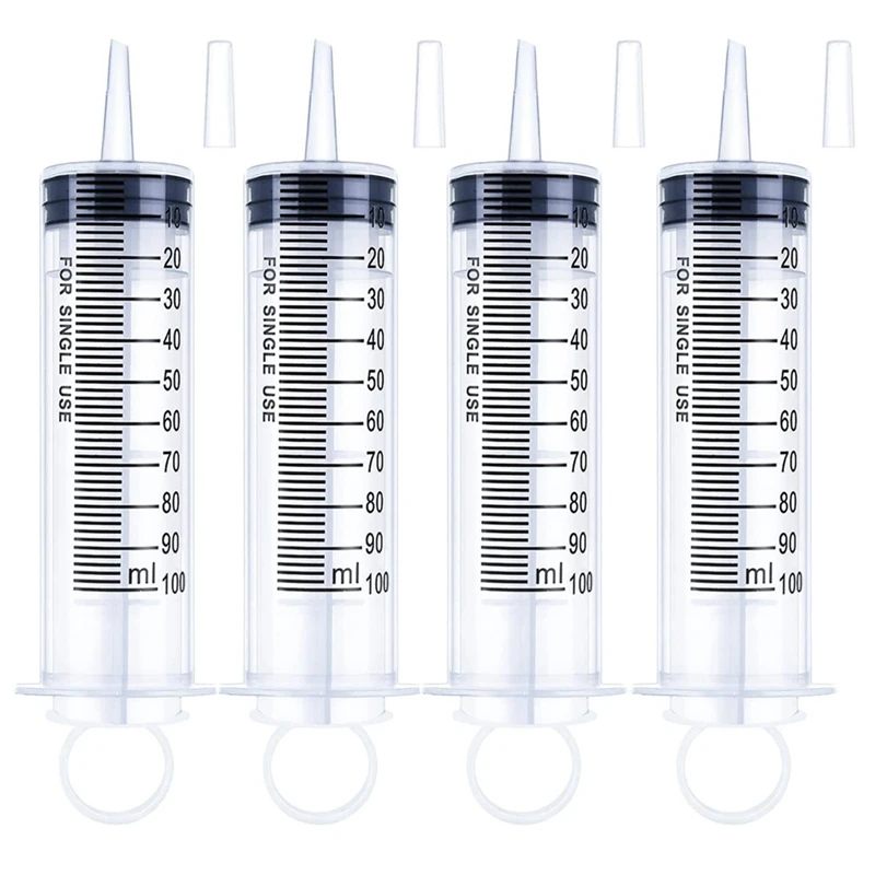 

4 Pack 100Ml Large Syringe With Cap, Individually Sterile Plastic Liquid Syringes Catheter Tip With Measurement