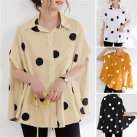 casual polka dot print loose top women fashion button front short sleeve loose blouse 2022 oversized bohemian lapel shirt