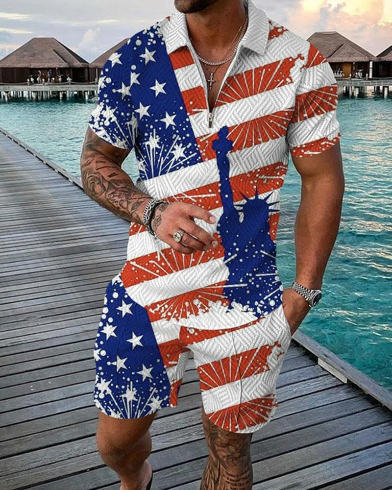 Summer Men's Polo Shirt Set  American Flag Print Zipper Short Sleeve Tracksuit Oversized 2 Piece Casual Polo Outfit Men Clothing