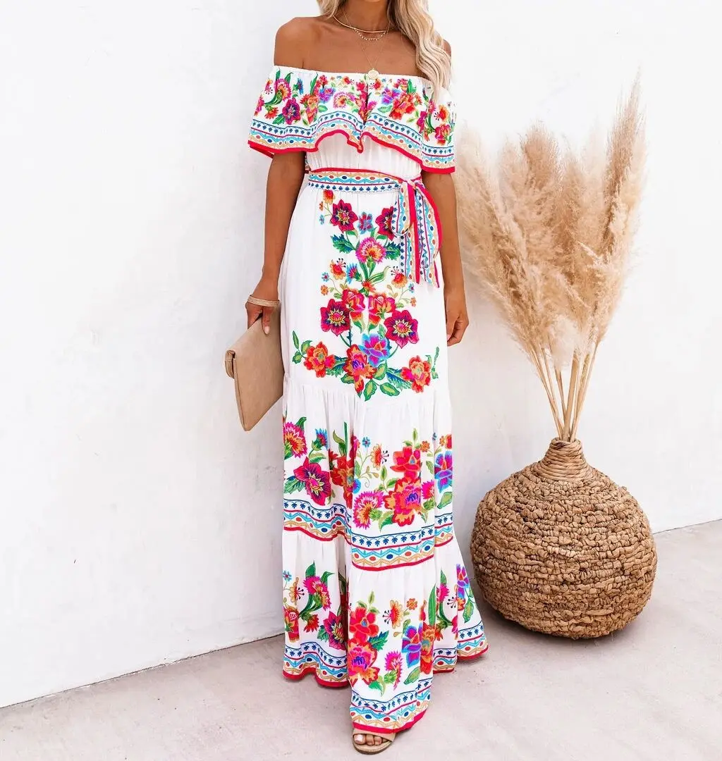 

Summer New Bohemian Slash Neck Backless Dresses Women Floral Print Elastic Waist Elegant Floor-length Dress Retro Clothing 2022