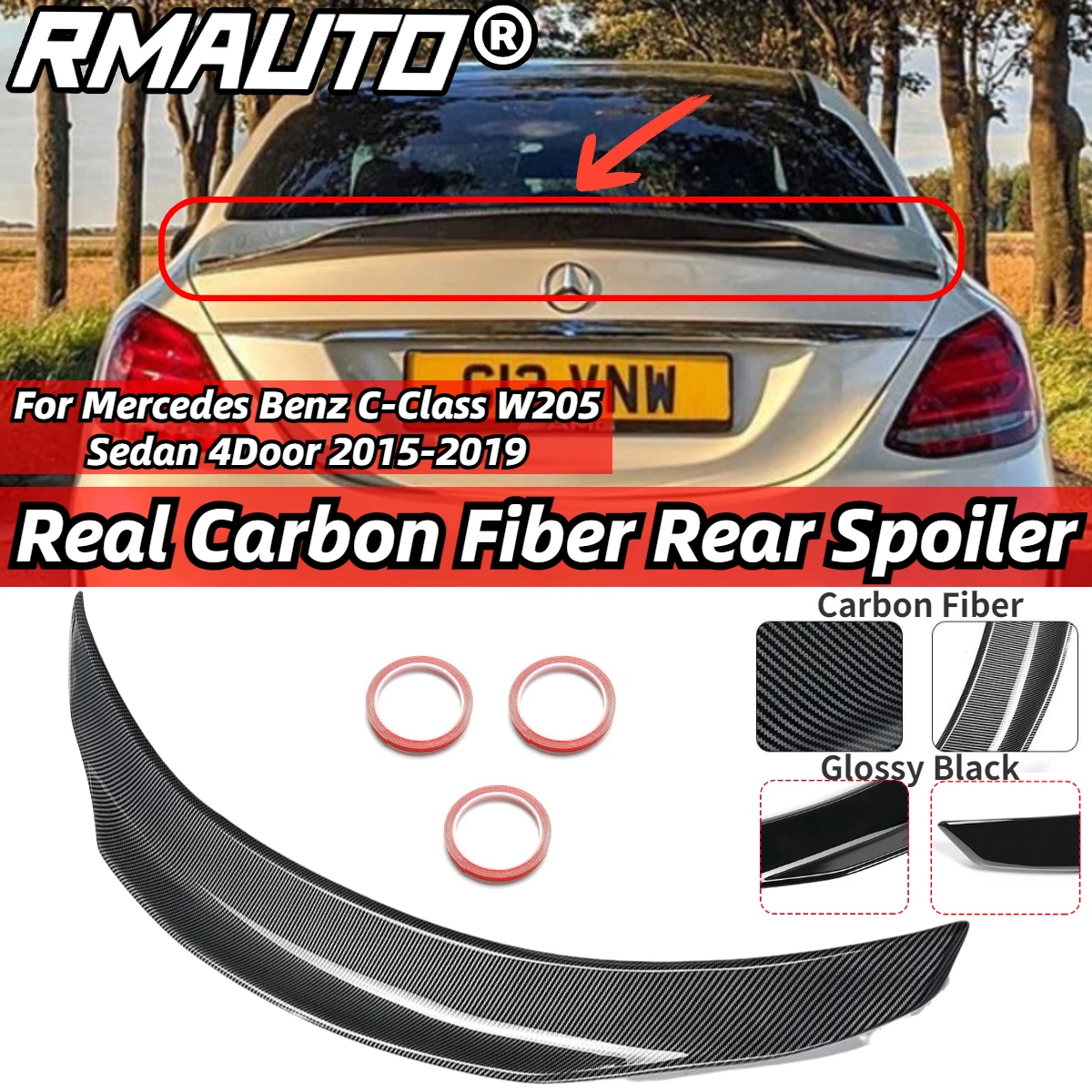 

RMAUTO Real Carbon Fiber Rear Trunk Spoiler Wing PSM Style Body Kit For Mercedes Benz C-Class W205 Sedan 4Door 2015-2019 AMG
