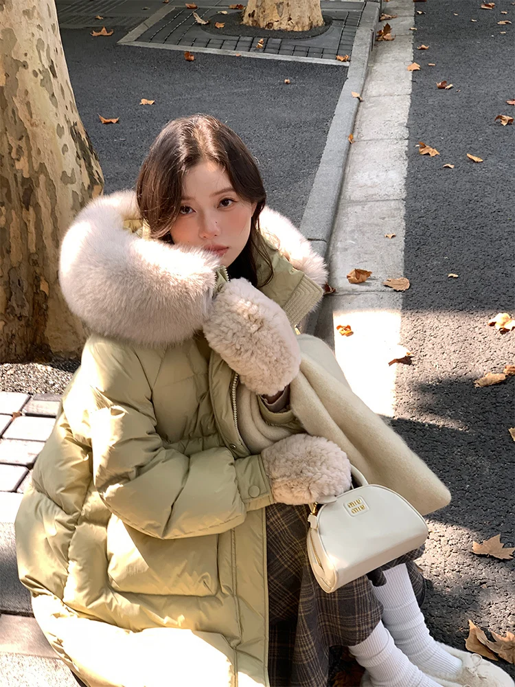 Пуховик с большим лисьим меховым воротником зимняя мода свободный пуховик