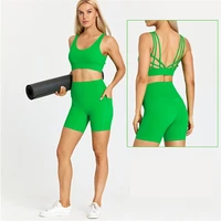 solid color women sports suit high waist ride shorts fitness bra 2pcs short legging yoga set gym workout training with chest pad