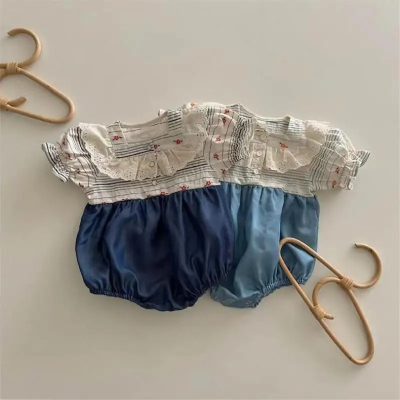 

2023 Summer New Baby Girl Short Sleeve Bodysuit Newborn Toddler Splicing Clothes Infant Girl Embroidery Jumpsuit 0-24M