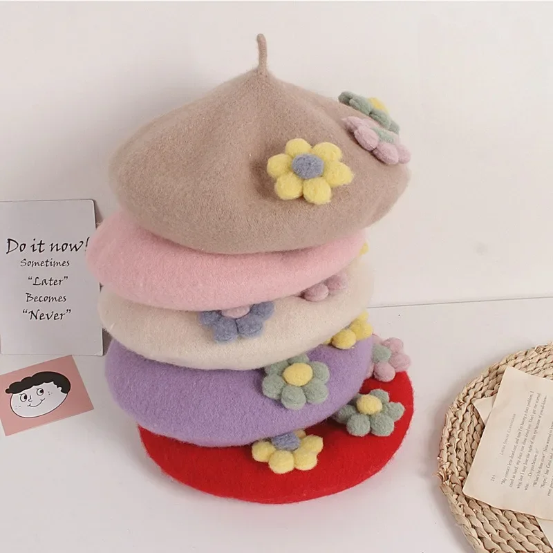 

Kids Tricolor Flower Beret Autumn Winter Girl Warm Hat Solid Color Cute Japanese Style Handmade Fashion Painter Cap
