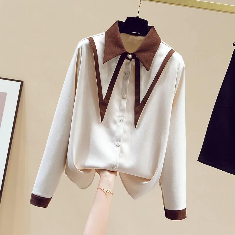 

Vintage Women Shirts Blouses Peter pan Collar Long Sleeve Shirt Women 2022 Spring New Fashion Female Clothing Button Up Shirts