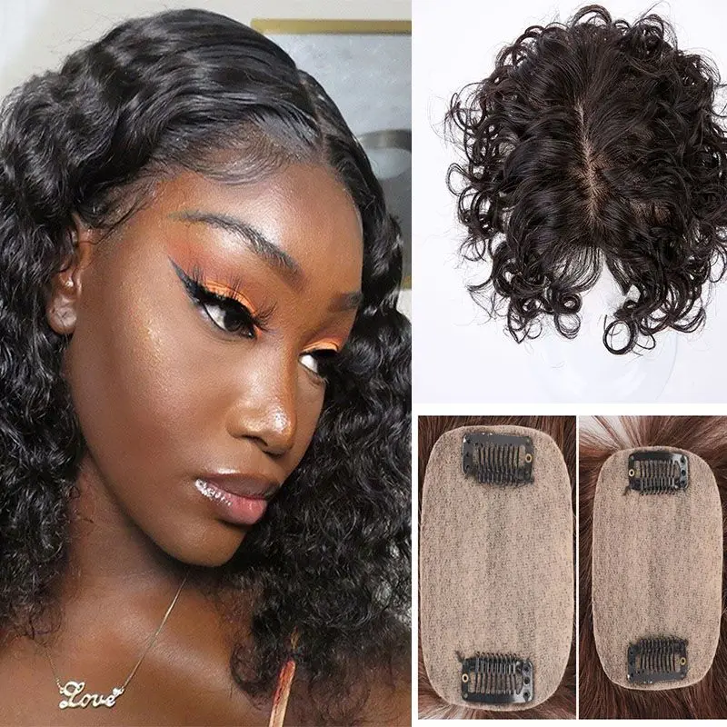 

20 inch Brazilian Human Hair Curly Topper Silk Skin Base Toupee With 2 cm PU Around Virgin Hair Extension with Clips for Women