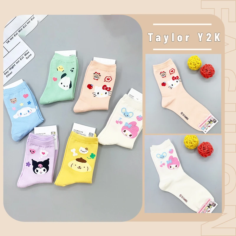 

2023 Sanrio Hello Kitty Socks Anime Figure Kuromi Cinnamoroll Y2K Girl Mid Tube Socks Cartoon Kawaii Women's Cotton Socks Winter