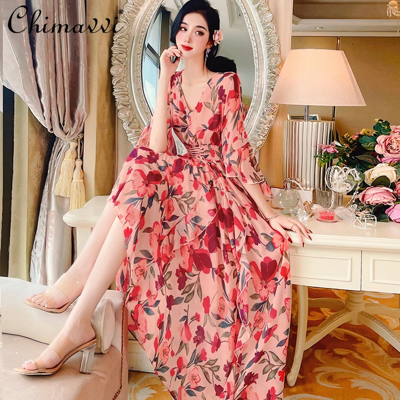 

Female Fashion Gentle Sweet Floral V-neck Ankle-length Dress 2022 Spring Summer New Women's Tied Ruffles A-line Chiffon Dress