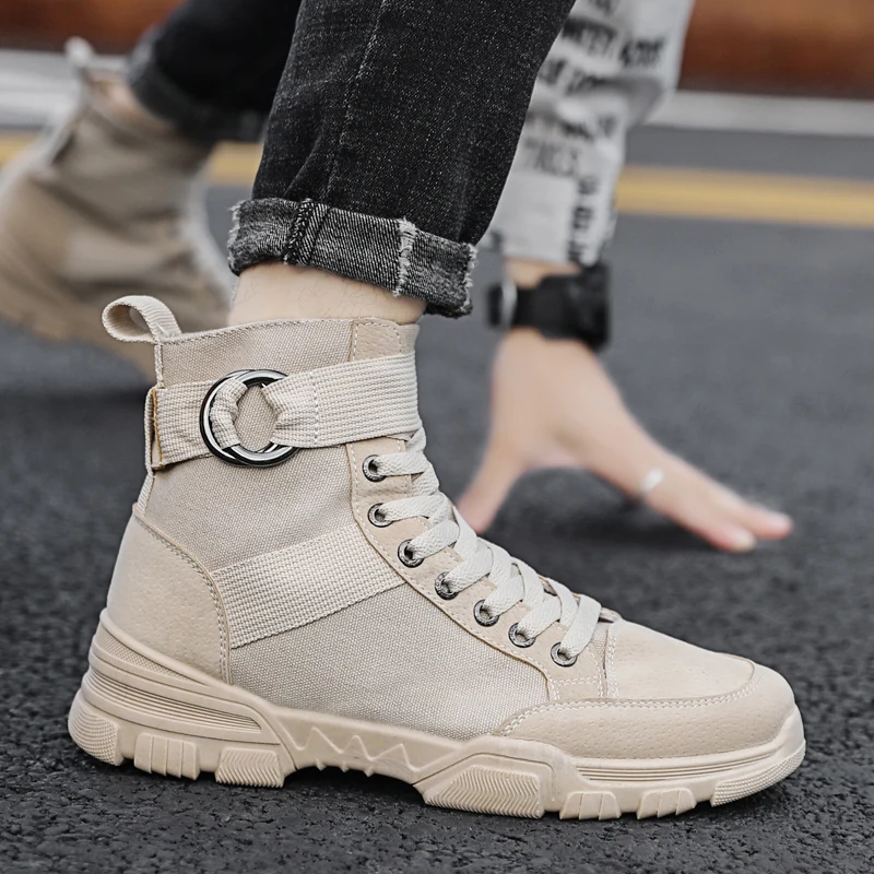 

High Top Canvas Ankle Boots 2022 Autumn Casual Men Shoes Fashion Comfortable Male Sneakers Trend Board Shoe Beige Round Toe Mesh